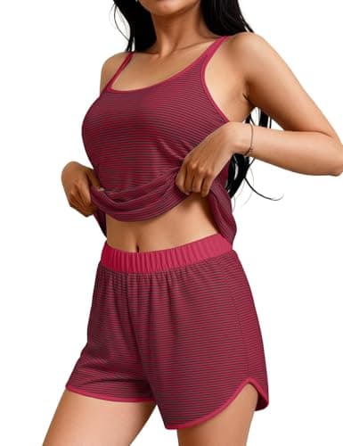 JUSTFASHIONNOW Womens Striped Tank Top Pajama Set 2 Piece Summer Cami and Shorts Pjs Set Comfy Sleeveless Sleepwear(Red-Blue,Large) - Image 1