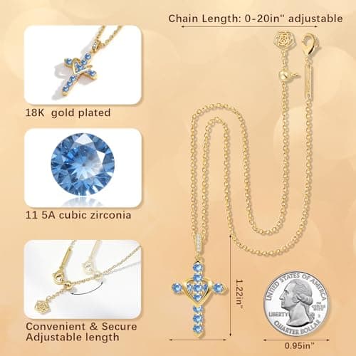 Helirose Heart Cross Necklace for Women, 18K Gold Plated CZ Faith Pendant, Anti-Tarnish Hypoallergenic Jewelry, 20" Adjustable Chain, Ideal for Birthday, Anniversary, Mother's Day, Everyday Wear (Blue-Gold) - Thumbnail 5