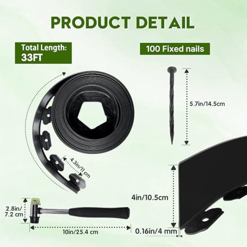 No Dig Landscape Edging 33FT, 4 Inch Plastic Edging for Landscaping with 100 Spikes, for Garden, Lawn, Flower Beds and Yard, Black - Thumbnail 2