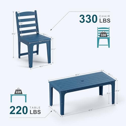 ACUEL HDPE Patio Dining Set for 6, Weather-Resistant Outdoor Table with Umbrella Hole, Never Sagging One-Piece Tabletop with Metal Support Bars for Poolside Backyard Garden (Blue) - Thumbnail 2