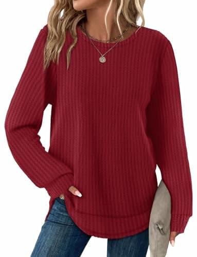 WIHOLL Christmas Tops for Women Trendy Long Sleeve Shirts Waffle Knit Tunic Sweaters Dressy Casual Blouses Cute Curved Hem Red Crewneck Sweatshirts L - Image 1