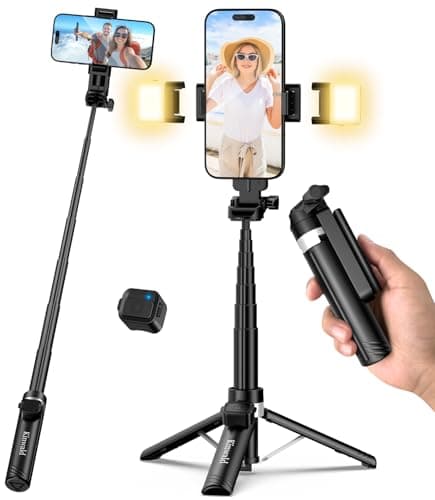 Kinwald 3-in-1 Phone Tripod with LED Lights & Remote, Extendable Selfie Stick Tripod Stand, Compact Portable with Bluetooth Remote for iPhone/Android Vlogging & Photography (Black) - Image 1