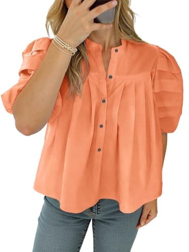 Tankaneo Womens Puff Short Sleeve Button Down Shirts Cotton Pleated Babydoll Blouses Trendy Casual Loose Fit Tops Orange - Image 1