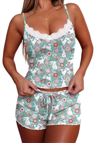 Ekouaer Women's Pajama Sets 2 Piece Sexy Lingerie Sleepwear with Pockets Lightweight Lace Cami Shorts Adjustable Straps Pjs - Image 1