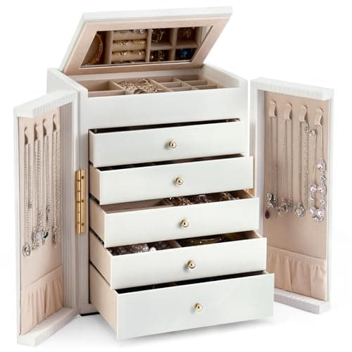Dajasan Large Jewelry Organizer Box, Jewelry Boxes for Women Girls, 6-Tier Jewelry Storage Organizer with Mirror for Necklace Ring Bracelet Watch, Gift Idea (White) - Image 1