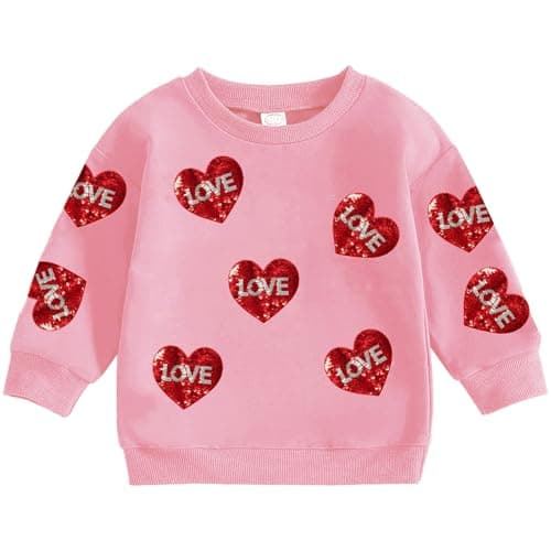 Eatbook Toddler Girl Valentine Sweatshirt Girl Sequin Heart Graphic Sweatshirt Valentine's Day Crewneck Shirt Pink - Image 1