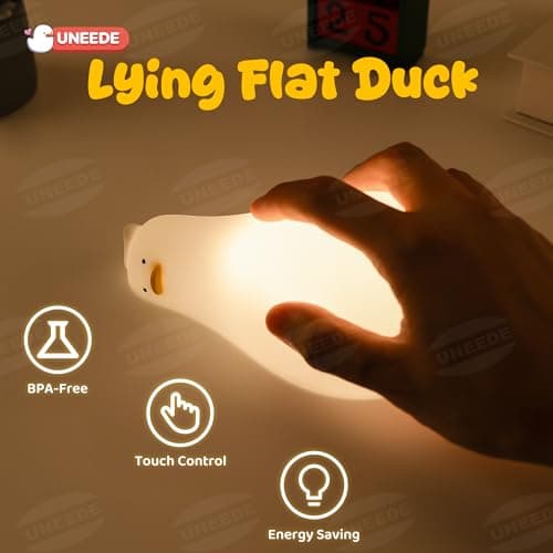 UENEEDE Lying Flat Duck Lamp, 3 Level Dimmable Rechargeable Silicone Night Light, Benson Duck Cute Squishy Touch Sensor Bedside Lamp for Nursery, Breastfeeding, Kids Room Decor - Thumbnail 5