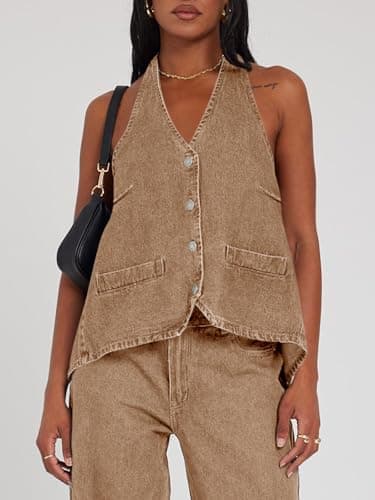 Tankaneo Womens Halter Denim Vest Tops Summer Open Back Y2K Going Out Tank Tops V Neck Button Down Jean Shirts - Thumbnail 3