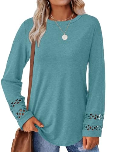 GKBK Womens Long Sleeve Tops Business Dressy Casual Blouses Crewneck Loose Fit Lightweight T Shirts Cute Work Tee Ladies Tunic 2025 Fall Winter Fashion Clothes Trendy Outfits Cyan S - Thumbnail 6