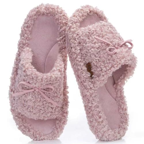 BOVTY Women's Fuzzy Open-toe Bowknot & Double-Strap Slippers, Memory Foam Non-Slip Indoor House Slides - Image 1