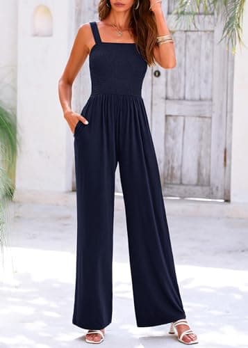 KIRUNDO Dressy Jumpsuits for Women Casual Loose Fit One Piece Wide Leg Sleeveless Overalls Summer Romper Beach Vacation Outfits(Navy, Medium) - Thumbnail 6