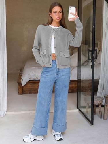EXLURA Womens 2025 Knit Cardigan Sweaters Spring Fall Crewneck Open Front Button Jacket Fashion Outerwear Coats with Pockets Grey - Thumbnail 4