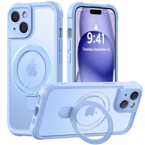 MOCCA Design for iPhone 15 Case with Magnetic Invisible Stand [Full Camera Protection] [Compatible with Magsafe] Military Drop Shockproof Translucent Matte Phone Case Cover 6.1",Light Blue