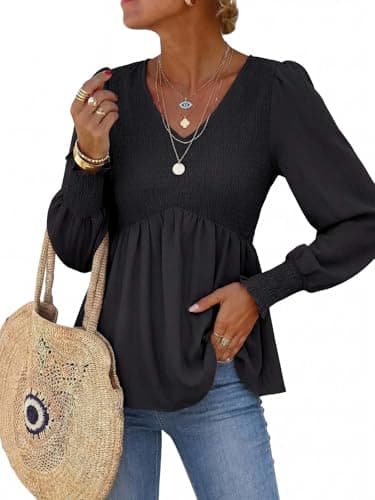 HEYTALALA Womens Long Sleeve Shirts V Neck Peplum Tops Dressy Casual Smocked Babydoll Blouses 2026 Spring Trendy Outfits Black M - Image 1