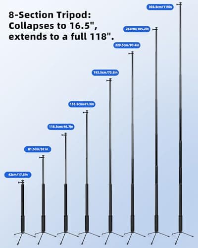 118" Invisible Long Selfie Stick Tripod,Action Camera Tripod,with Wireless Remote,Compatible with Gopro,DJI Osmo Action 5/3,Insta360 X5/X4/X3 ONEX2/RS,Cell Phone and Action Camera - Thumbnail 6