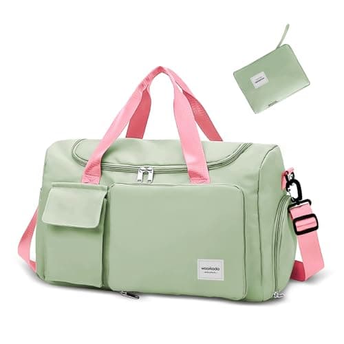 WOOMADA Foldable Travel Duffel Bag for Women, Weekender Bags with Shoes Compartment,Overnight Bag with Wet Pocket & Trolley Sleeve(Green&Pink) - Image 1