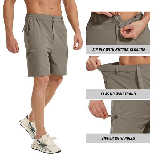 MOURCE Mens Gym Shorts with 5 Pockets - Lightweight Waterproof 9" Cargo Shorts for Workout Outdoor Sports, Khaki - Thumbnail 6