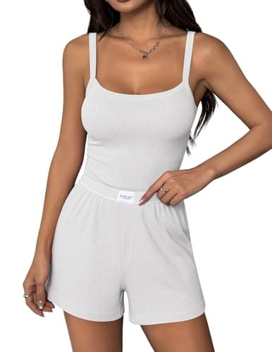 Ekouaer Lounge Sets for Women 2 Piece Sleeveless Shorts Sets Knit Casual Summer Vacation Cami Tank Tops Pajamas. White - Image 1