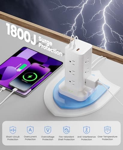 Power Strip Tower with Surge Protector 1800J, Fast Charging Tower PD20W USB-C Ports with 12 AC Outlets, 10ft Extension Cord for Home Office Dorm Room, White - Thumbnail 4
