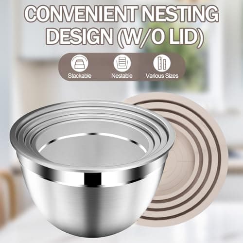 DUTZUN Stainles Steel Mixing Bowls with Lids Set, Stackable Metal Mixing & Serving Bowl with Strainer, 5-Piece - Beige - Thumbnail 5