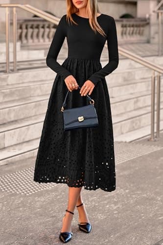 dowerme Women Spring Dresses 2026 Casual Long Sleeve Crewneck A-Line Boho Eyelet Cotton Maxi Wedding Guest Dress Pockets(Black,Small) - Thumbnail 3