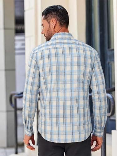 BAYAMO Men's Button-Down Plaid Shirts Casual Long Sleeve Cotton Linen Shirts for Men Fashion Business Shirt Blue 3XL - Thumbnail 3