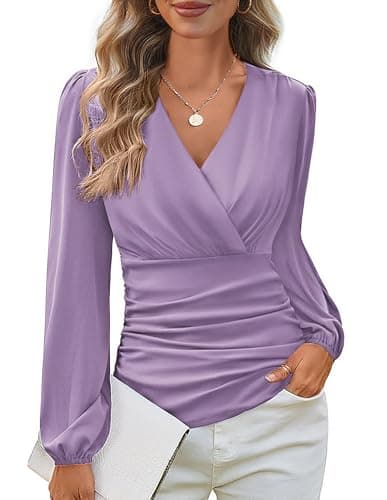 GRACE KARIN Long Sleeve Blouses for Women Dressy Casual, Wrap Tops Work Shirts, 2026 Spring Business Outfits Pink Purple L - Image 1