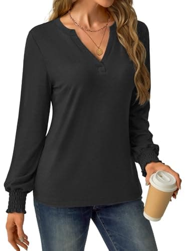 GKBK Womens Long Sleeve Shirts Fall Tops V Neck Business Dressy Casual Blouses with Smocked Cuffs Black - Thumbnail 2