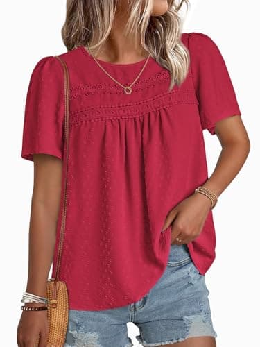 NORACORA Womens Summer Tops Crewneck Short Sleeve Shirts Casual Chiffon Boho Babydoll Blouses Flowy Lace Hem Boho Clothing Trendy 2026 Red XXL - Image 1