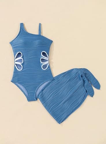 blibean Girls Swimsuit Size 14 15 16 Blue Teen One Piece Bathing Suit with Cover Up Skirt Big Kids Adjustable Strap Swimwear Tween Cute Texture Traje Baño Niñas Padded Cutout Swimming Suit - Thumbnail 6