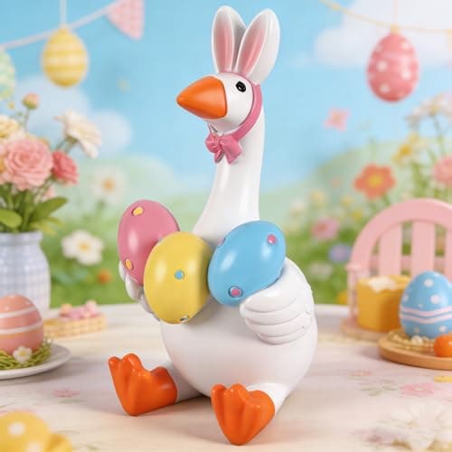 Dzpsoon Cute Desk Goose Figurine - 3 inch Mini Desktop Decor, Thoughtful Gift with Bunny Ears & Eggs for Easter, Spring, Housewarming, Office - Image 1