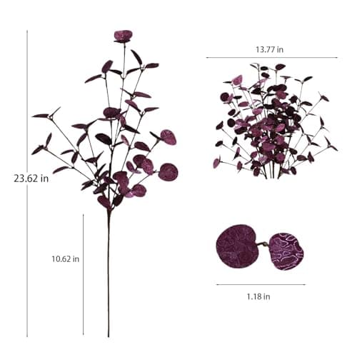 siqifloral 4PCS 24" Purple Artificial Eucalyptus Stems – Metallic Faux Eucalyptus Leaves for Halloween Decor, Fall Vase Arrangement & Christmas Home Decoration - Thumbnail 2