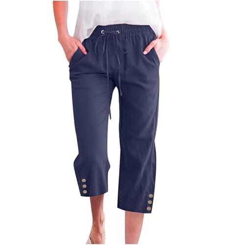 WROLEM Womens Capris Pants High Waist Drawstring Comfy Casual Pants Lightweight Trousers Buttons with Pockets NavyBlue X-Large - Image 1