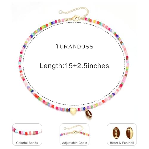 Turandoss Colorful Beaded Football Necklace for Women - 14k Gold Plated Dainty Heart Pendant Choker Necklaces for Women Her Mom Daughter Son Personalized Jewelry Gifts - Thumbnail 5