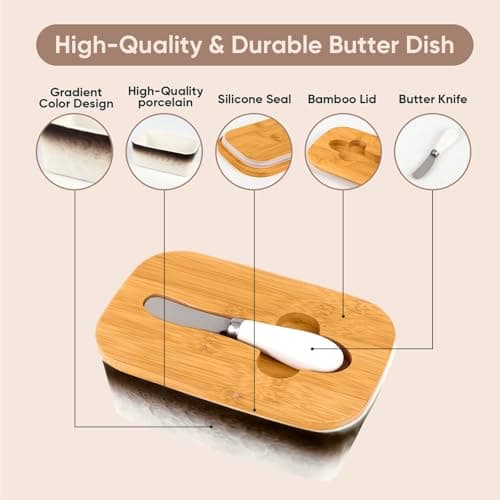 GLAVIONIX Butter Dish with Lid, 6.5" Large Butter Container for Countertop, Ceramic Brown Butter Keeper Container with Knife, Bamboo Cover and High-Quality Silicone Sealing for Home Decor - Thumbnail 4