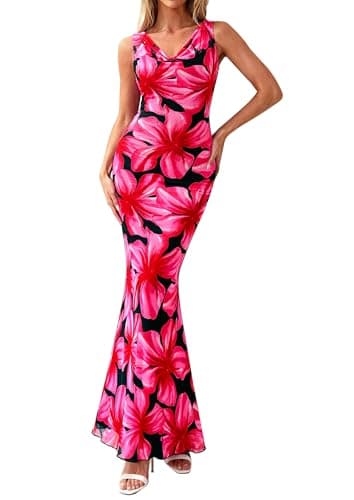 PRETTYGARDEN Women's Summer Wedding Guest Dress 2026 Spring Cowl Neck Mesh Bodycon Formal Cocktail Party Floral Maxi Dresses(Black Pink Flower,Small) - Image 1