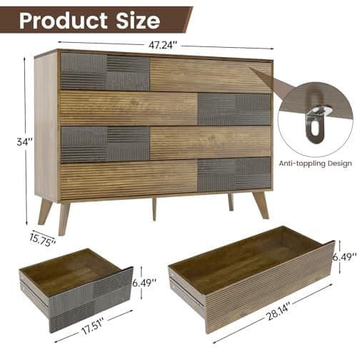 Hadulcet Wood Dressers for Bedroom 47” Wide, Large 8 Drawer Dresser TV Stand, Modern Chest of Drawers Closet Clothes Storage Organizer with Fluted Panel, No Handles Design, Dark Wood - Thumbnail 2