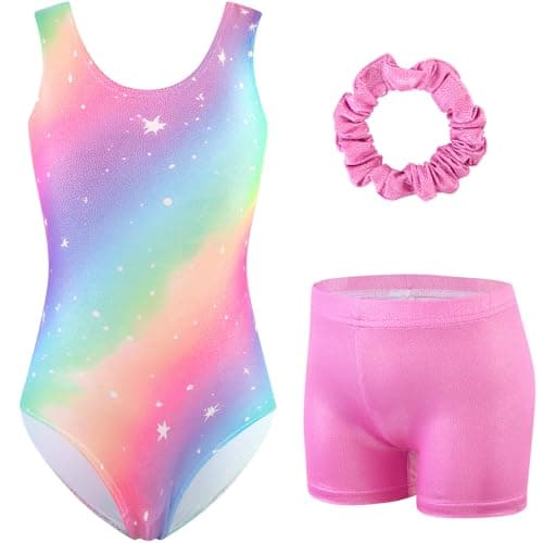 HOZIY Gymnastics Leotards for Girls Rainbow Star Bow Back Sleeveless Leotard with Shorts Scrunchie Sparkle Tumbling Biketards Unitard Size 9-10 - Image 1
