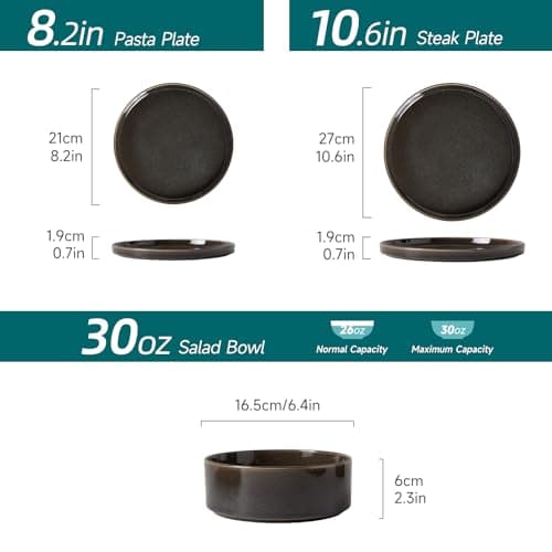 ALOFMO Stoneware Dinnerware Sets, Plates and Bowls Set for 4, 12-Piece Modern Stoneware Dinnerware – Chip Resistant, Non-Toxic, Dishwasher and Microwave Safe Tableware，Glossy Black - Thumbnail 2