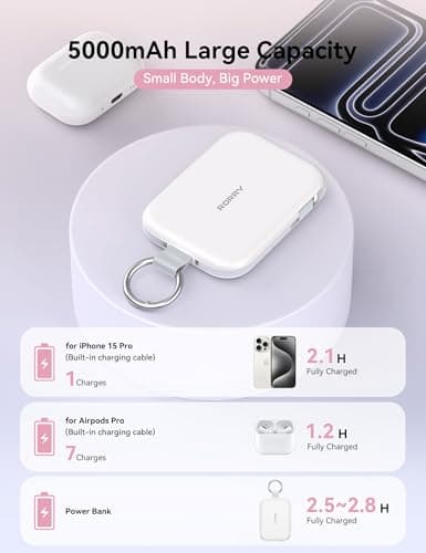 RORRY Portable Charger, 5000mAh Portable Charger Power Bank with Built-in Cables, Travel Keychain Charger Battery Pack for iPhone 17/16/15/14/13/12, for AirPods 2/3/4/Pro, White - Thumbnail 3