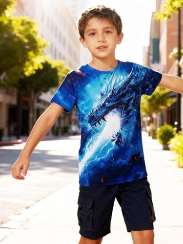Funnycokid Boys Shirts Neon Color Size 13-14 Kids T-Shirts Girls Dragon Teen Clothes Tops Tees Animal Graphic Print Blue Bright Short Sleeve Birthday Cool 13-14 Years Youth - Thumbnail 5