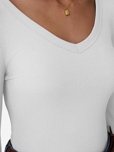 GKBK Women Long Sleeve V Neck Ribbed Knit Slim Fitted Shirts Basic Tee Cute Tshirts Going Out Tops 2025 Fall Winter Casual T Shirts Blouse Outfits Work Fashion Trendy Clothe White XS - Thumbnail 5