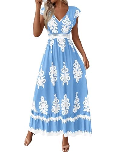 BTFBM Summer Dresses for Women Beach Fashion Floral Short Sleeve V Neck Boho Long Wedding Guest Maxi Dress Spring(Floral Black White,Medium) - Image 1