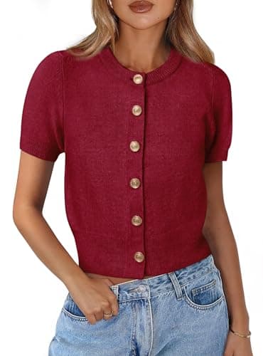 PRETTYGARDEN Womens Casual Summer Short Sleeve Cardigans 2026 Button Down Knitted Sweater Basic Crew Neck Crop Tops (Wine Red,Large) - Image 1