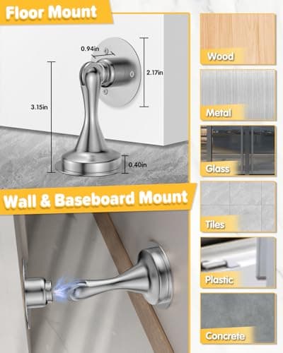 Door Stoppers Magnetic Door Catch - 2 Pack Stainless Steel Heavy Duty Door Holder Stops for Bottom Top of Door - Wall Floor Mounting No Drill Strong Adhesive & Screws Strong Magnet Keep Door Open - Thumbnail 3