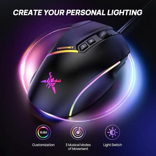 TECKNET Wired Gaming Mouse, 12,800 DPI with Optical Sensor, 8 Programmable Buttons, 13 RGB Backlit Modes, Ergonomic Design, Custom Software Gaming Mice for Laptop,PC - Thumbnail 4