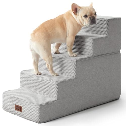 EHEYCIGA Dog Stairs for High Bed 22.5" H, 5-Step Dog Steps for Bed, Pet Steps for Small Dogs and Cats, Non-Slip Balanced Pet Ramp Indoor, Light Grey - Image 1
