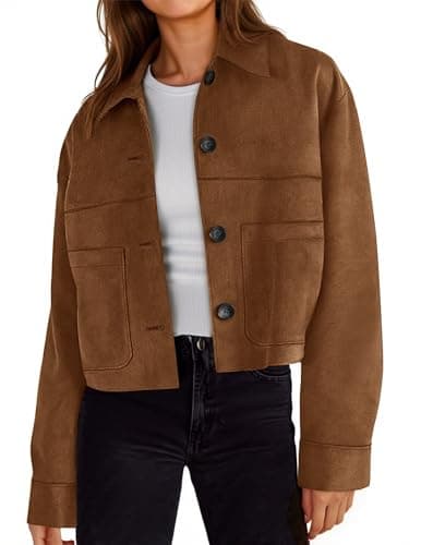 Tankaneo Womens Cropped Faux Suede Leather Jackets Lapel Collar Button Down Short Coats Fall Winter Vintage Trendy Shackets - Image 1