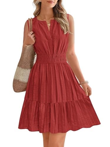 BTFBM Women’s Summer Dresses 2026 Sleeveless V Neck Casual Mini Dress Swing Boho A Line Beach Vacation Sundress Pockets(Red, X-Large) - Image 1