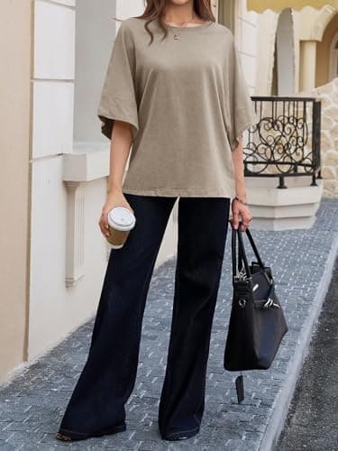 Cicy Bell Womens Oversized Half Sleeve T-Shirts Summer Casual Crew Neck Tshirt Loose Fit Side Slit Tee Tops Khaki - Thumbnail 6